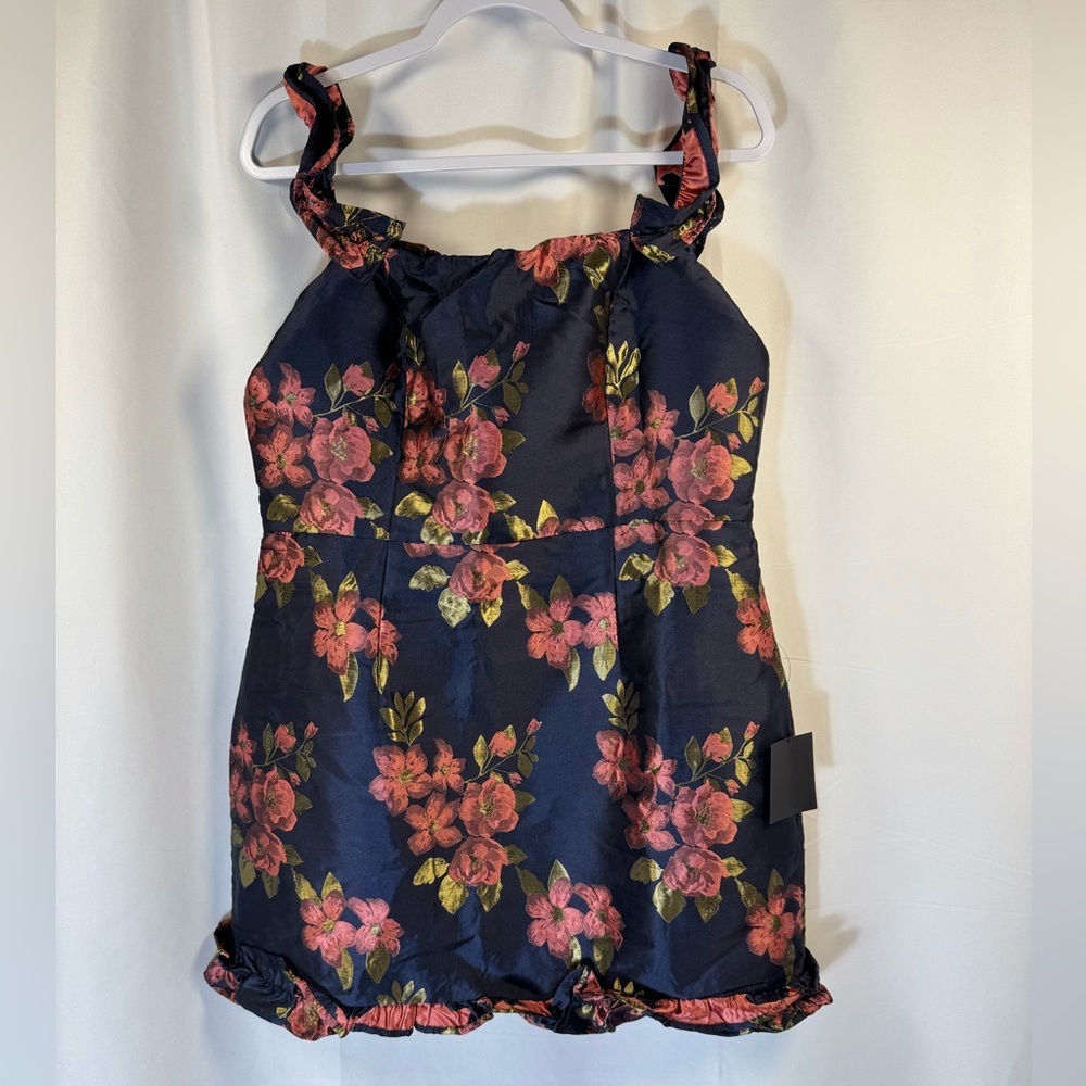 Lulus Pop The Bottle Navy Blue Floral Jacquard Rufflied Mini Dress XL
